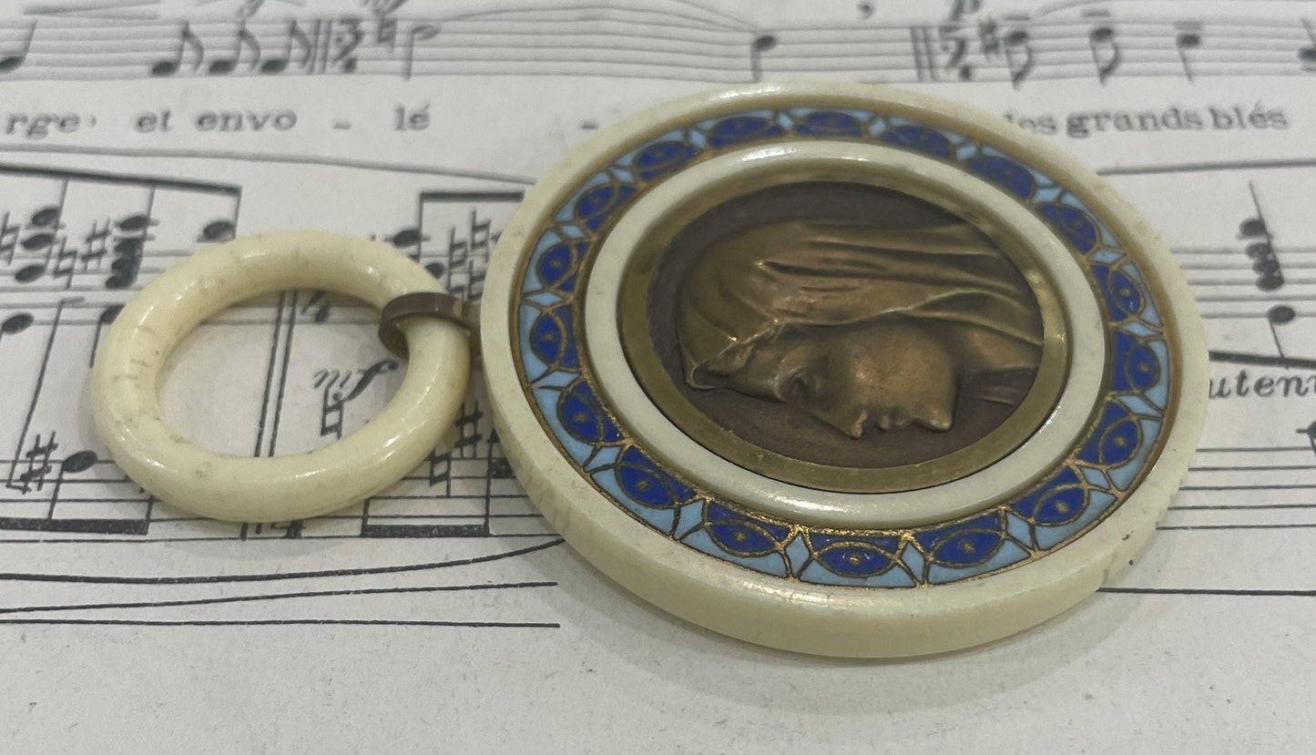 Rare Antique French Enameled Crib Cradle Protector Virgin Mary Celluloid Baptism c1920