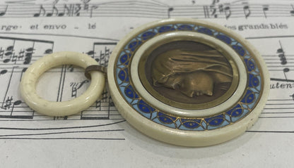 Rare Antique French Enameled Crib Cradle Protector Virgin Mary Celluloid Baptism c1920