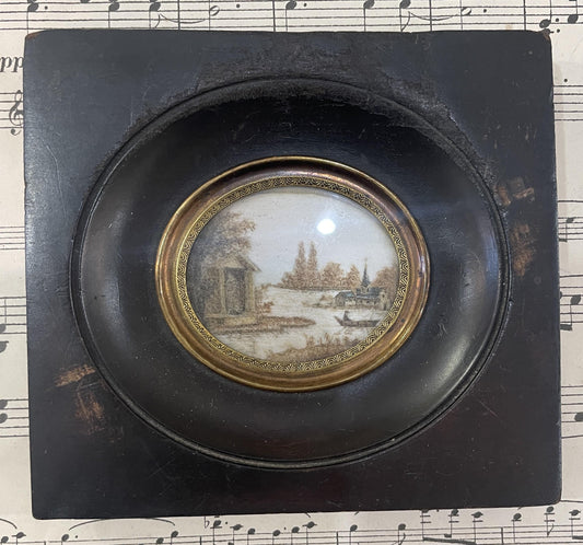 Rare Antique French Mourning Hair Art Domed Glass Wooden Frame Boat Church c1840