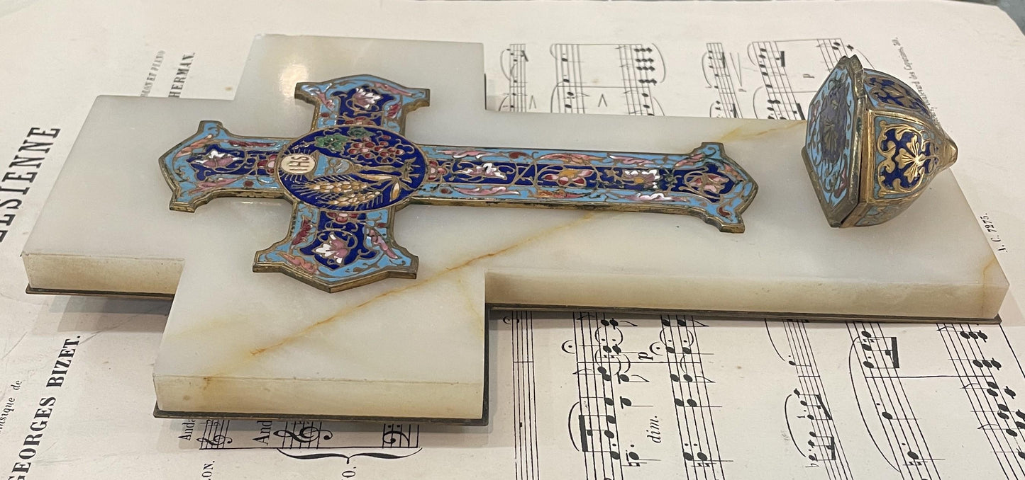Antique French Champleve Enamel Onyx Holy Water Font Cross Crucifix c1880