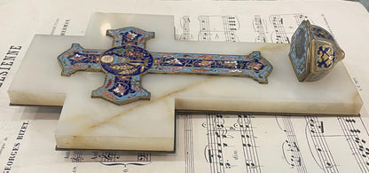 Antique French Champleve Enamel Onyx Holy Water Font Cross Crucifix c1880