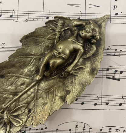 Rare Antique French Art Nouveau Bronze Tray Cherubs Angels Dragonfly c1920