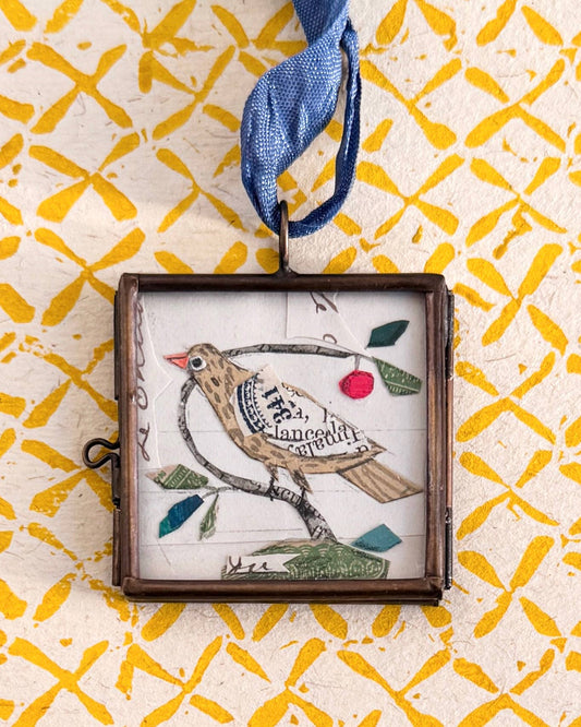 Cerise Folk Bird ~ Art Locket Vintage Decor Handmade 