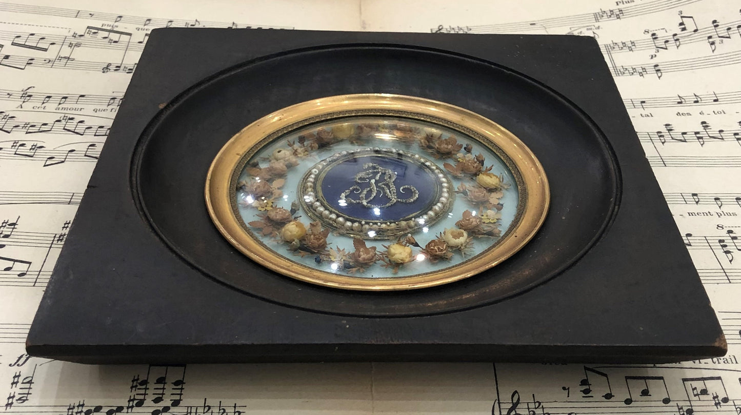 Rare Antique French Reliquary Pearls Dried Flowers Domed Glass c1880