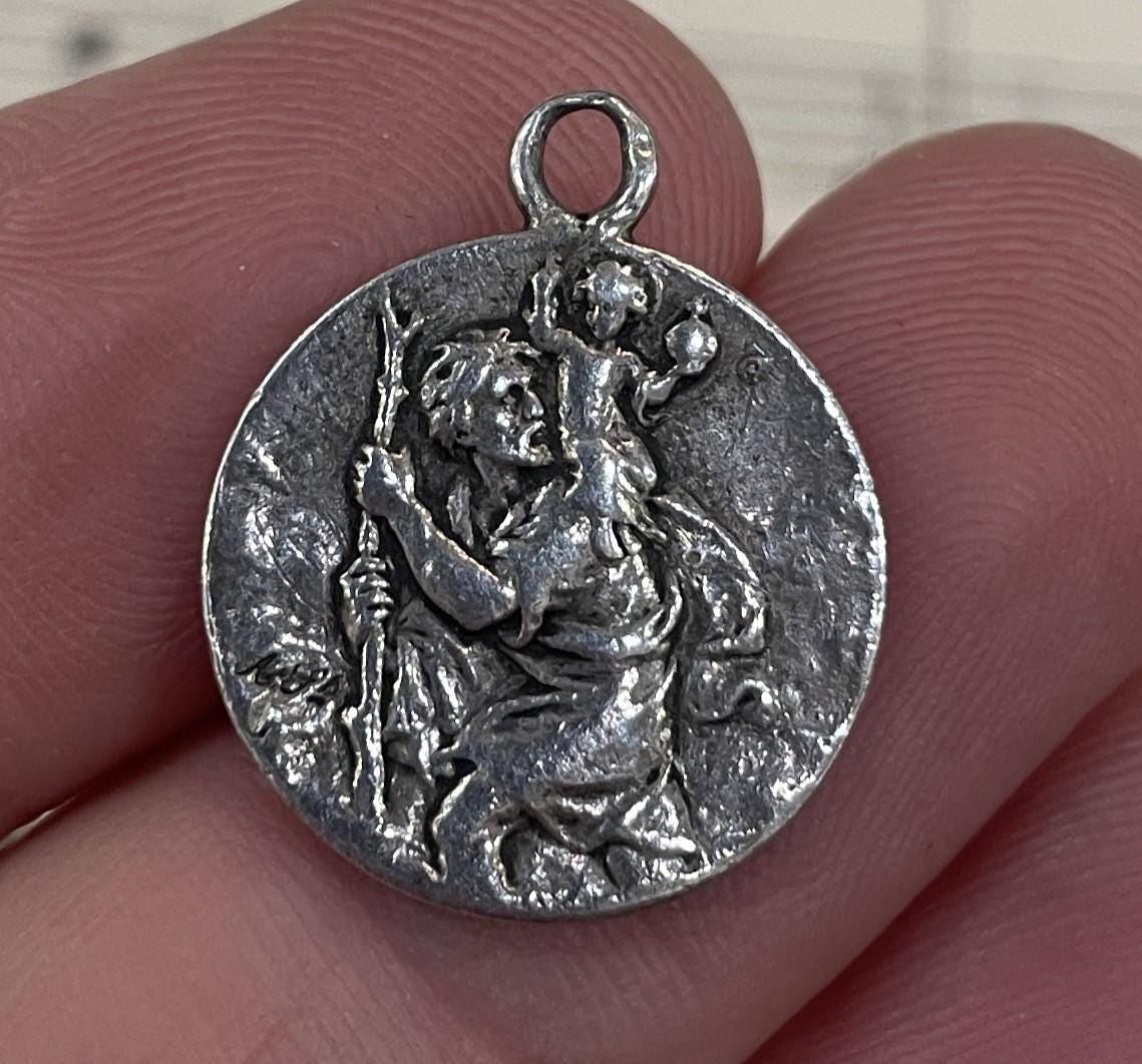 Antique French Sterling Silver St Christopher Medal Signed c1920