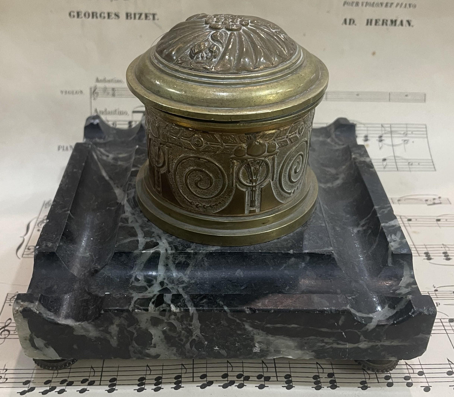 Antique French Art Nouveau Bronze Marble Inkwell c1900