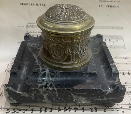 Antique French Art Nouveau Bronze Marble Inkwell c1900