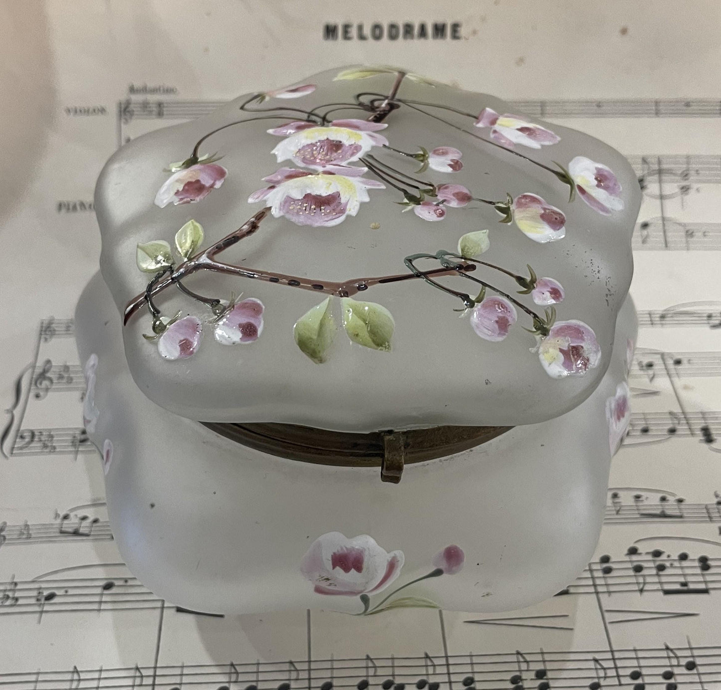 Large Antique French Gilt Brass Glass Hand Painted Enameled Box Flower c1900