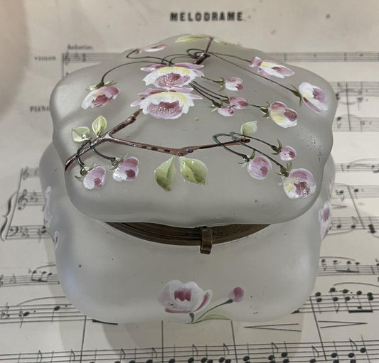 Large Antique French Gilt Brass Glass Hand Painted Enameled Box Flower c1900