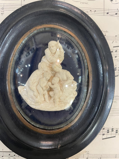 Antique French Carved Plaster Holy Family St John Baptist Domed Glass Holy Water Font c1900