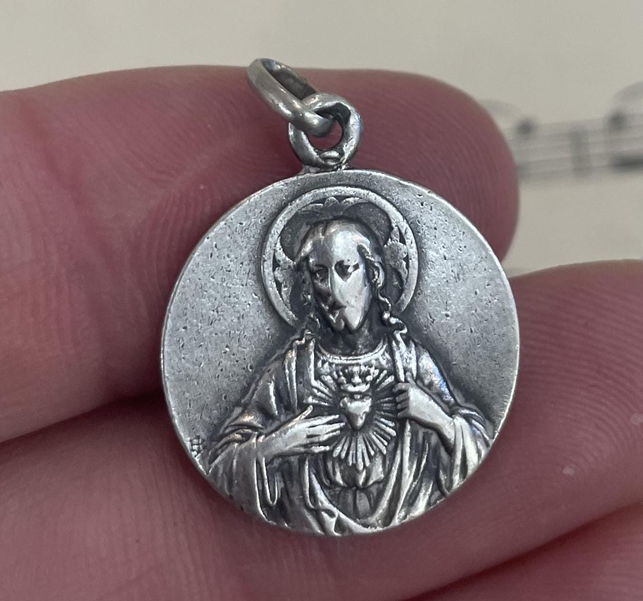 Antique French Art Nouveau Sterling Silver Jesus Sacred Heart Virgin Mary Mount Carmel c1920