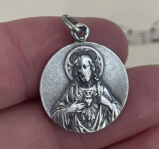 Antique French Art Nouveau Sterling Silver Jesus Sacred Heart Virgin Mary Mount Carmel c1920