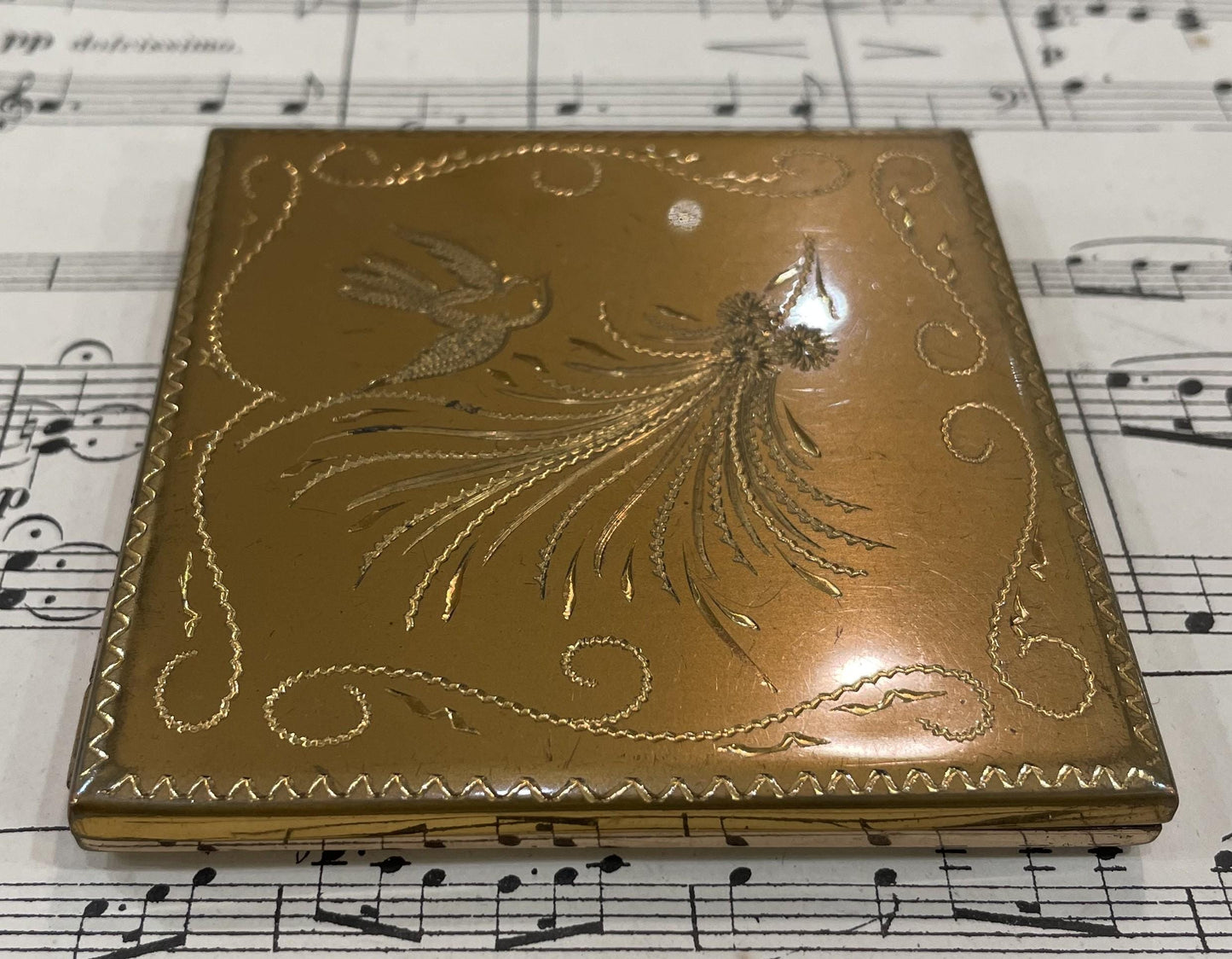 Antique French Art Deco Compact Mirror Bird c1930