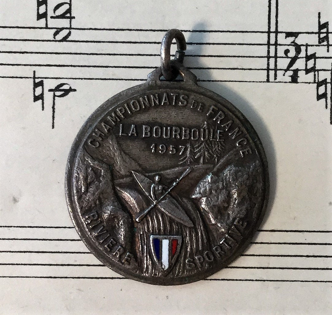 Vintage French Enameled Sport Kayaking Boat River Medal La Bourboule c1957