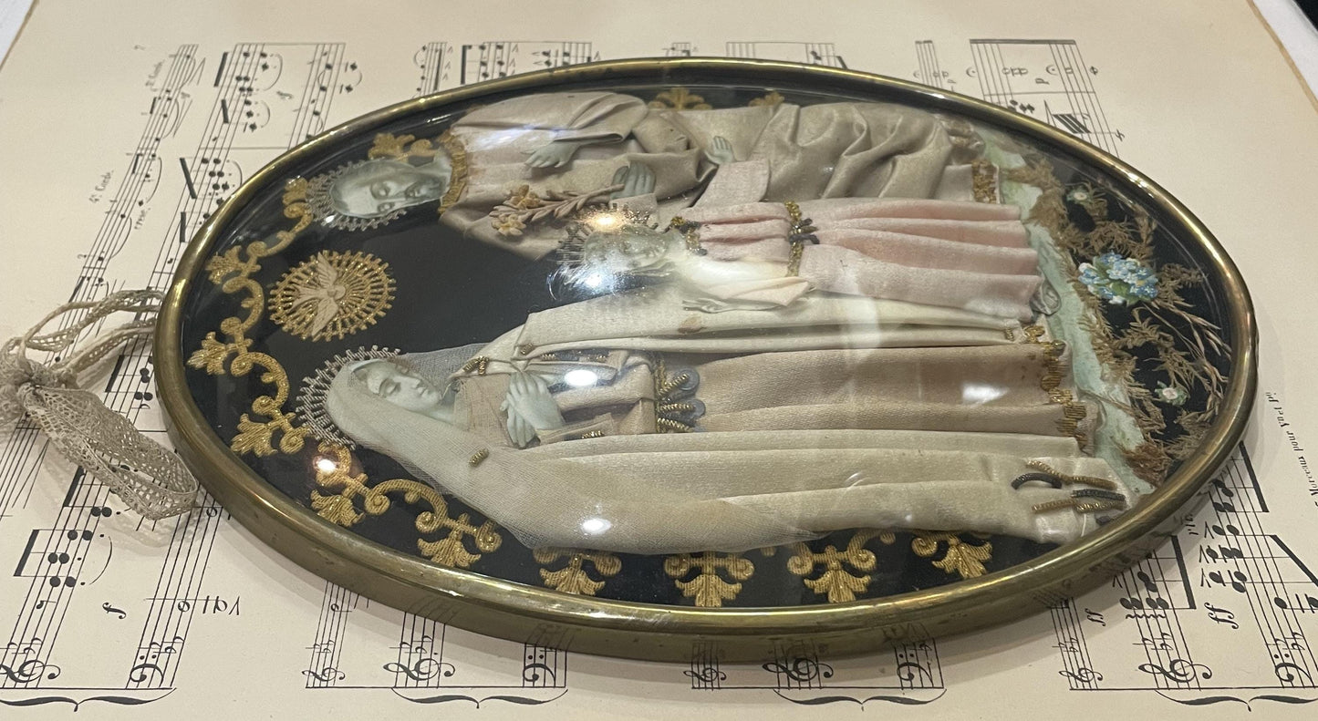 Rare Large Antique French Reliquary / Ex Voto Holy Family Silk Embroidery Domed Glass c1880