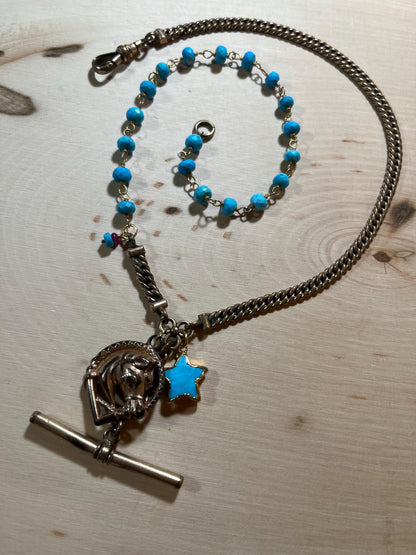 Antique pocket watch chain, French goldfilled horse pendant and turquoise chain necklace