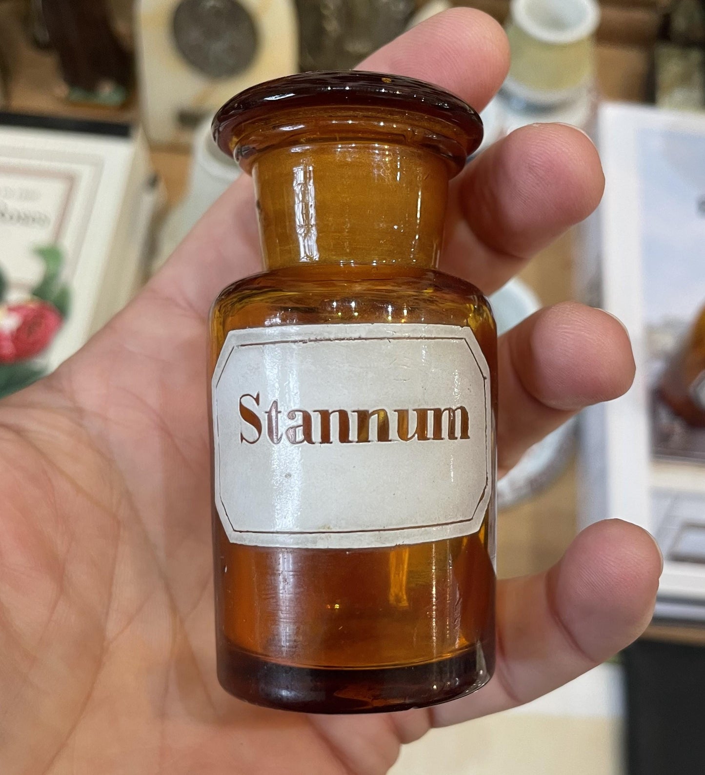 Small Antique French Apothecary Bottle Amber Glass Stannum c1880