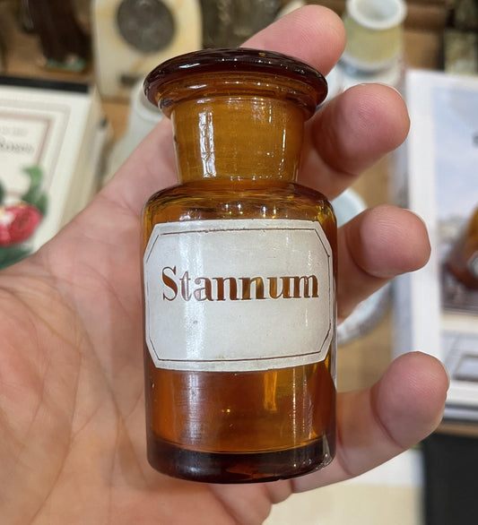 Small Antique French Apothecary Bottle Amber Glass Stannum c1880