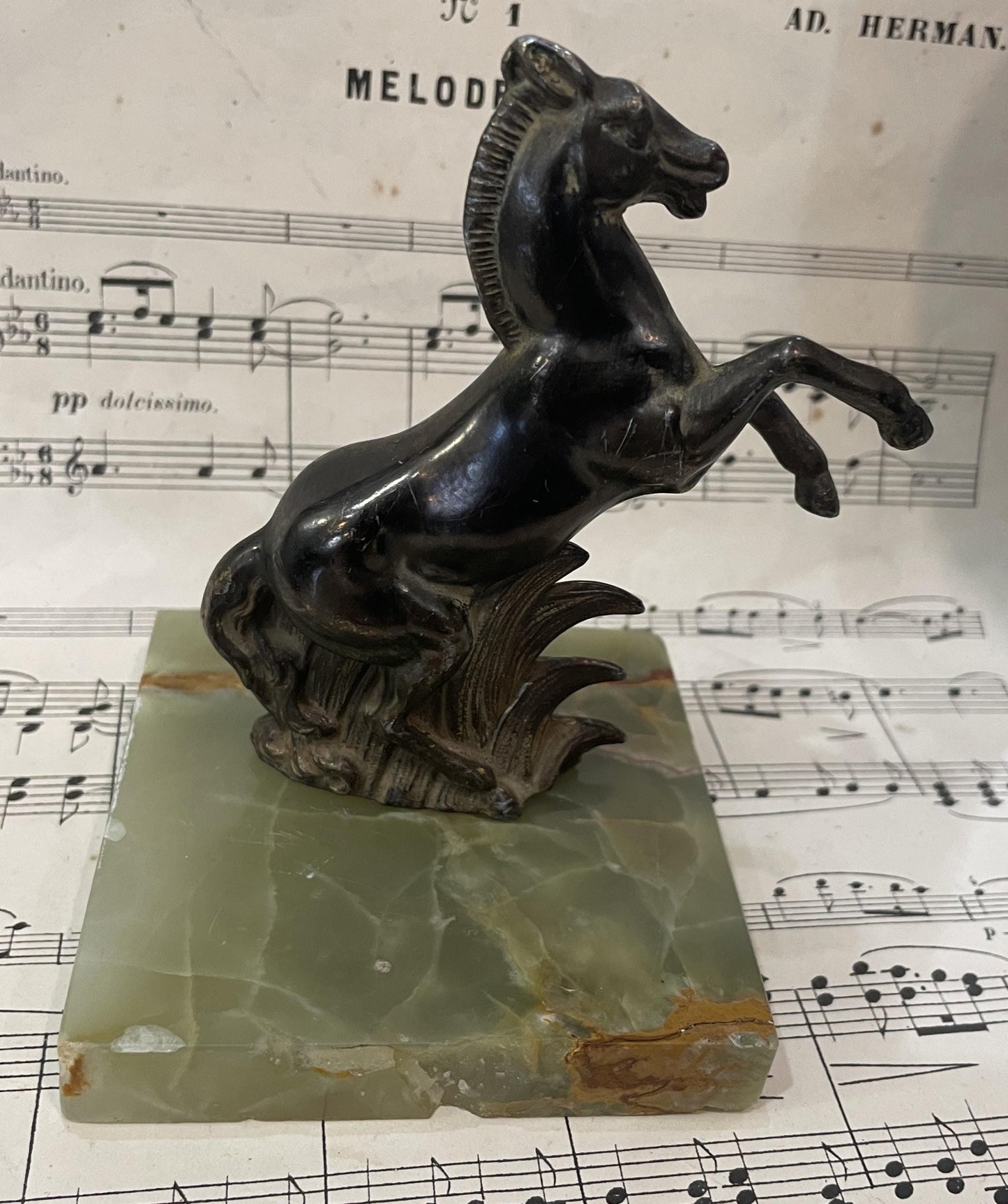 Antique French Horse Sculpture on Green Onyx c1920