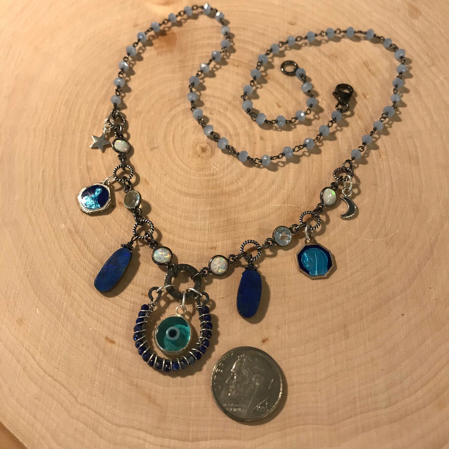 Third Eye protection necklace is made with lapis, opals, blue topaz, blue chalcedony, antique French enamel medals