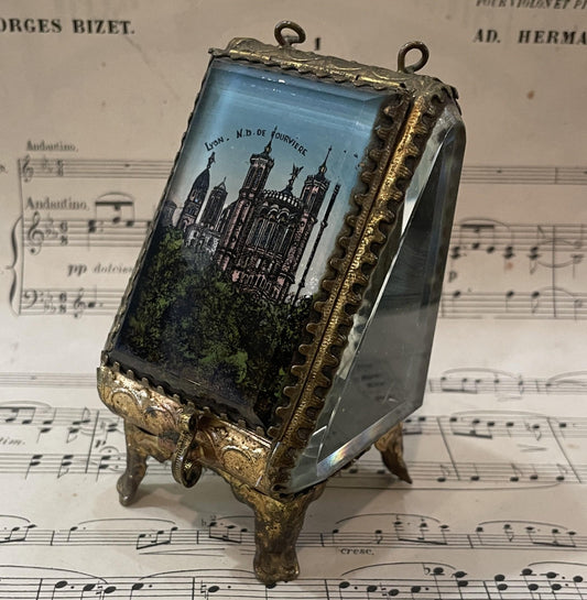 Antique French jewelry box / pocket watch holder with Notre Dame Fourviere Lyon c1900