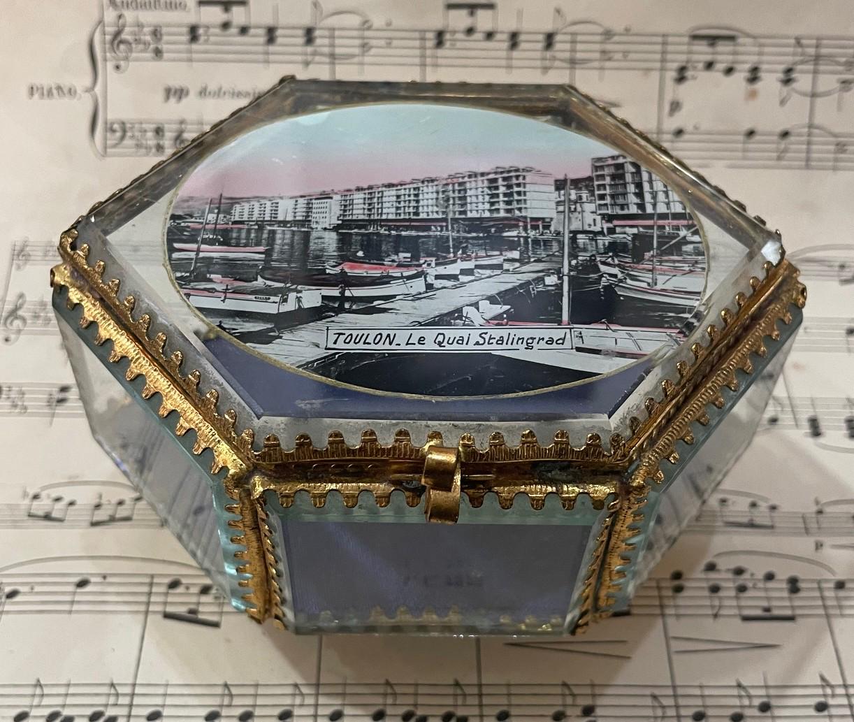 Antique French Eglomise Souvenir Jewelry Box Casket Toulon c1900