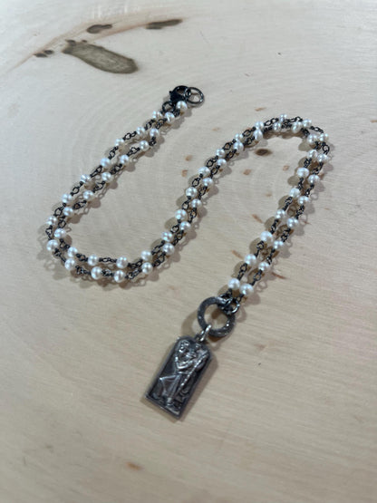 Vintage Sterling St Christopher necklace with pearls and sterling silver components