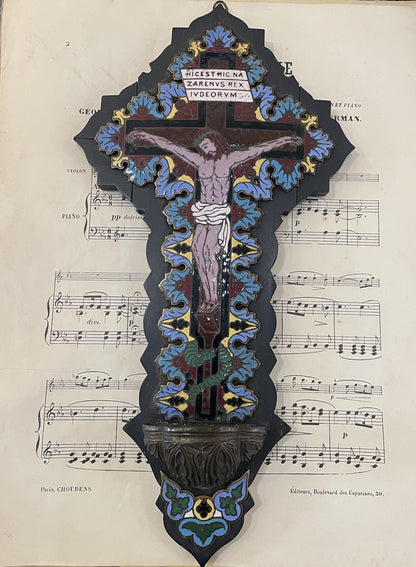 Rare Large Antique French Champleve Enamel Wood Holy Water Font Jesus c1880