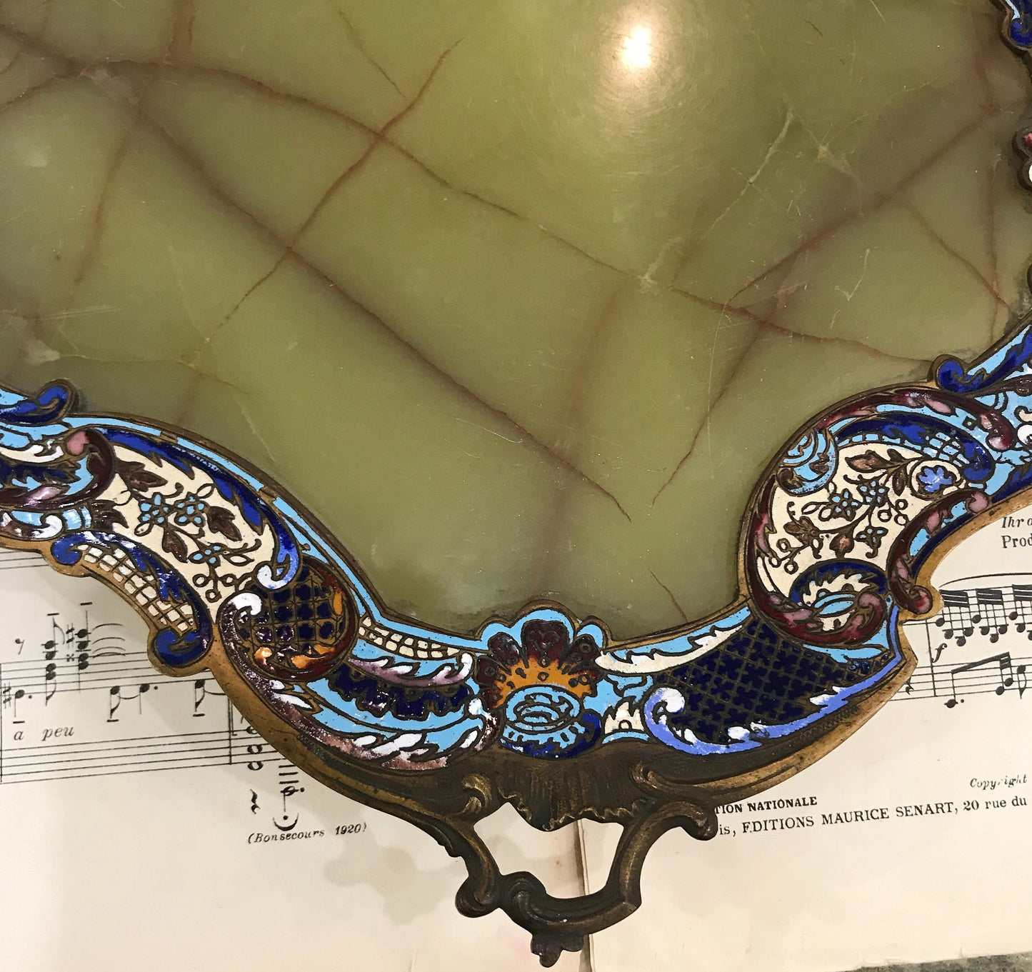 Rare Large Antique French Bronze Champleve Enamel Green Onyx Tray Platter Centerpiece c1880