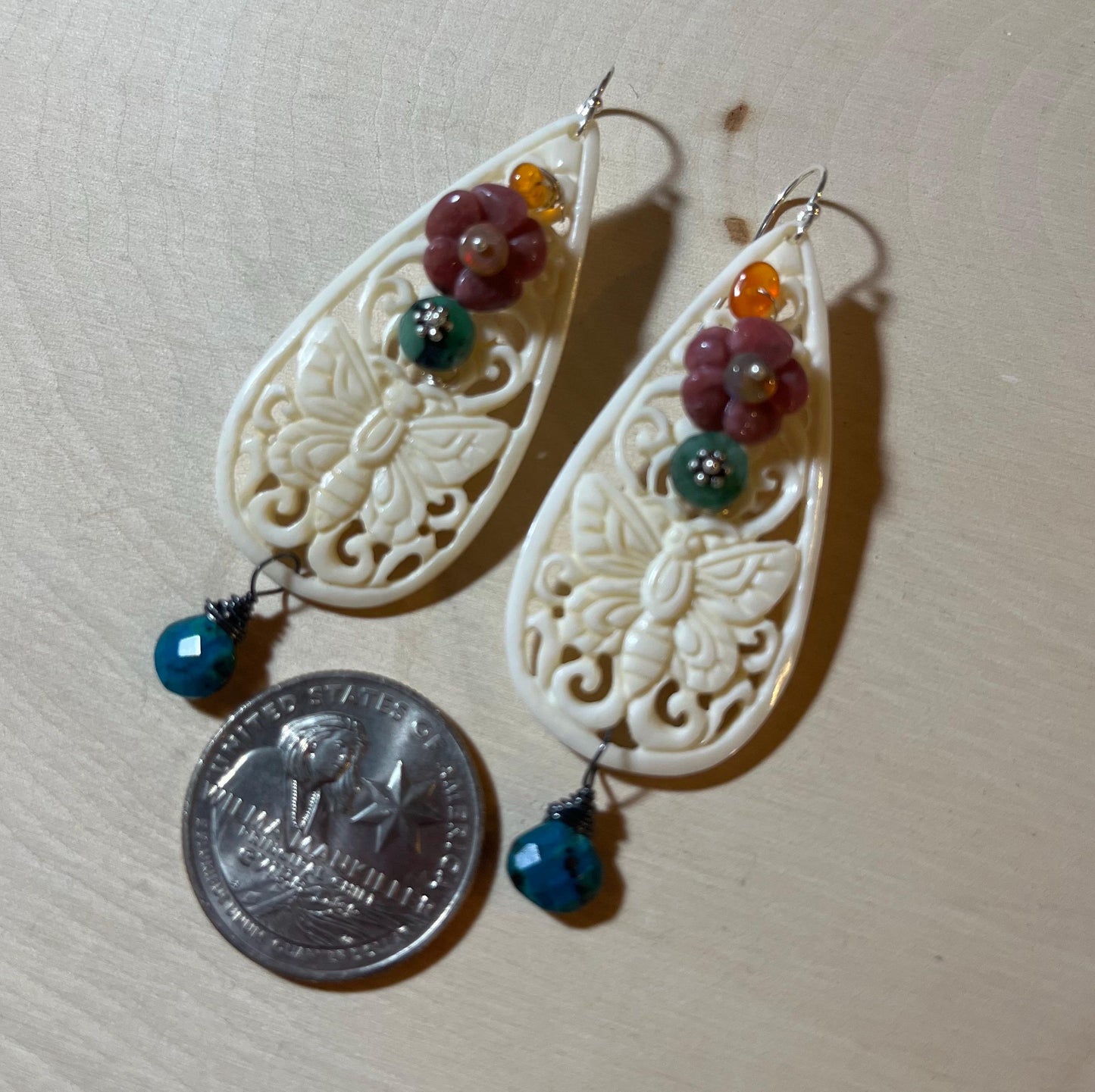 Carved butterfly earrings with azurite, gemstone flowers, opals and wire wrapped with sterling silver