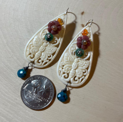 Carved butterfly earrings with azurite, gemstone flowers, opals and wire wrapped with sterling silver