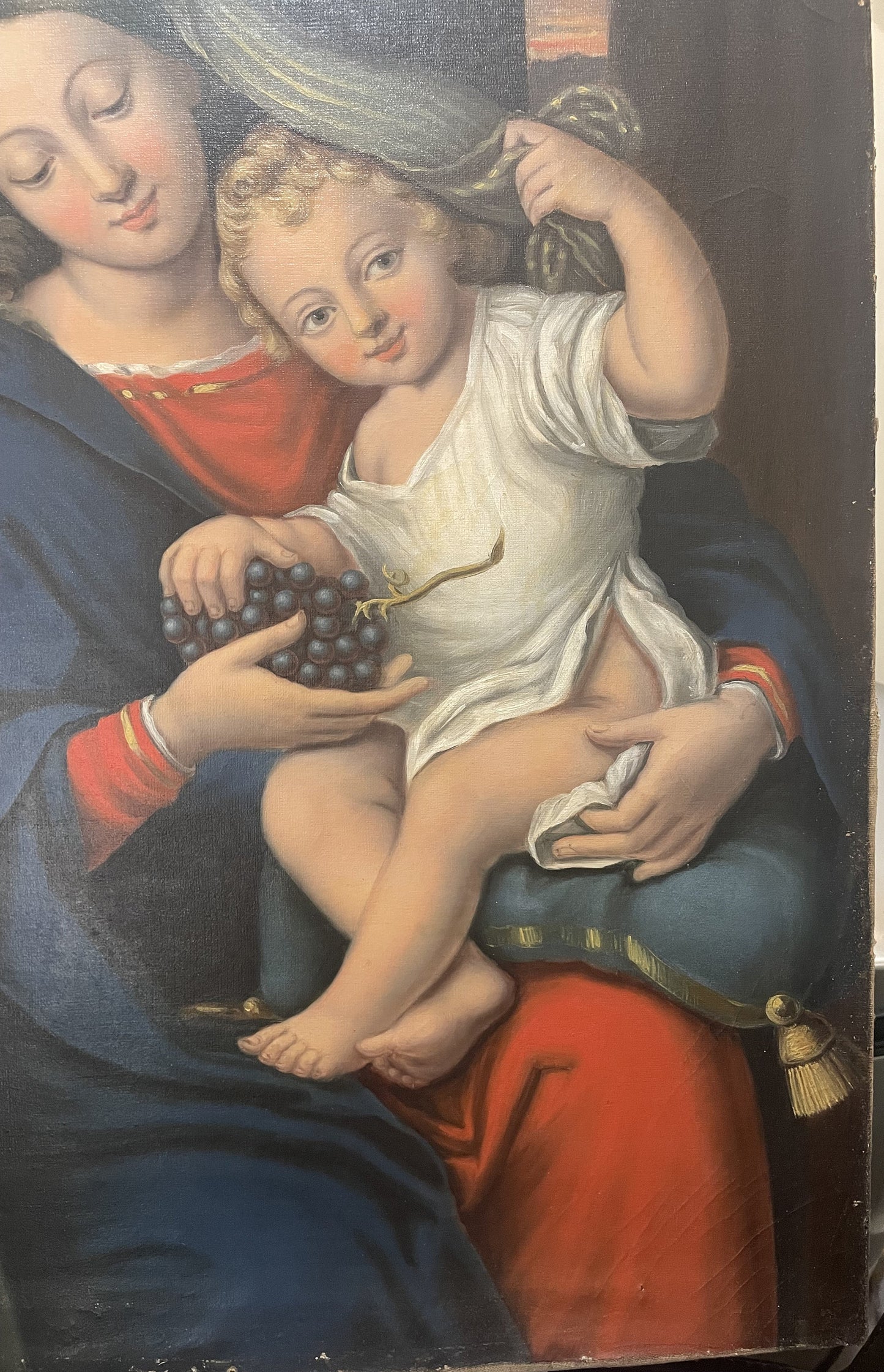 Rare Antique French Oil on Canvas Religious Painting The Virgin of the Grapes after Pierre MIGNARD c1830's