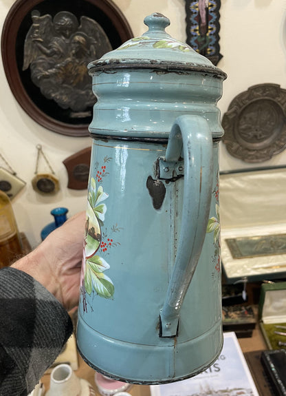 Rare Antique French Enamelware Coffee Pot Palette Flowers c1920