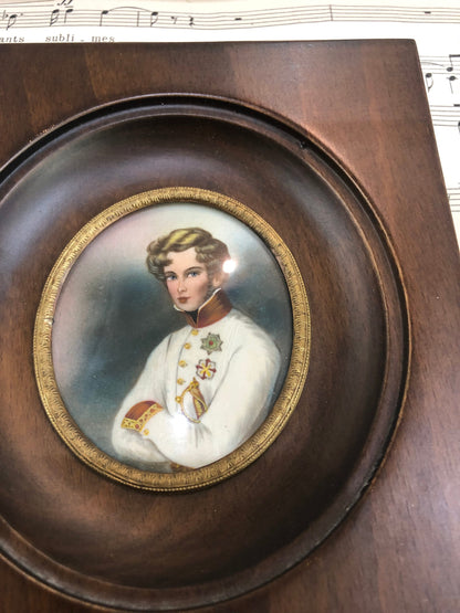 Antique French Miniature Portrait Napoleon II wooden frame Domed Glass c1900