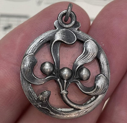 Antique French Art Nouveau Sliding Pendant Photo Holder Mistletoe c1920