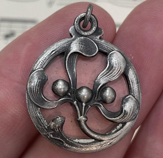 Antique French Art Nouveau Sliding Pendant Photo Holder Mistletoe c1920