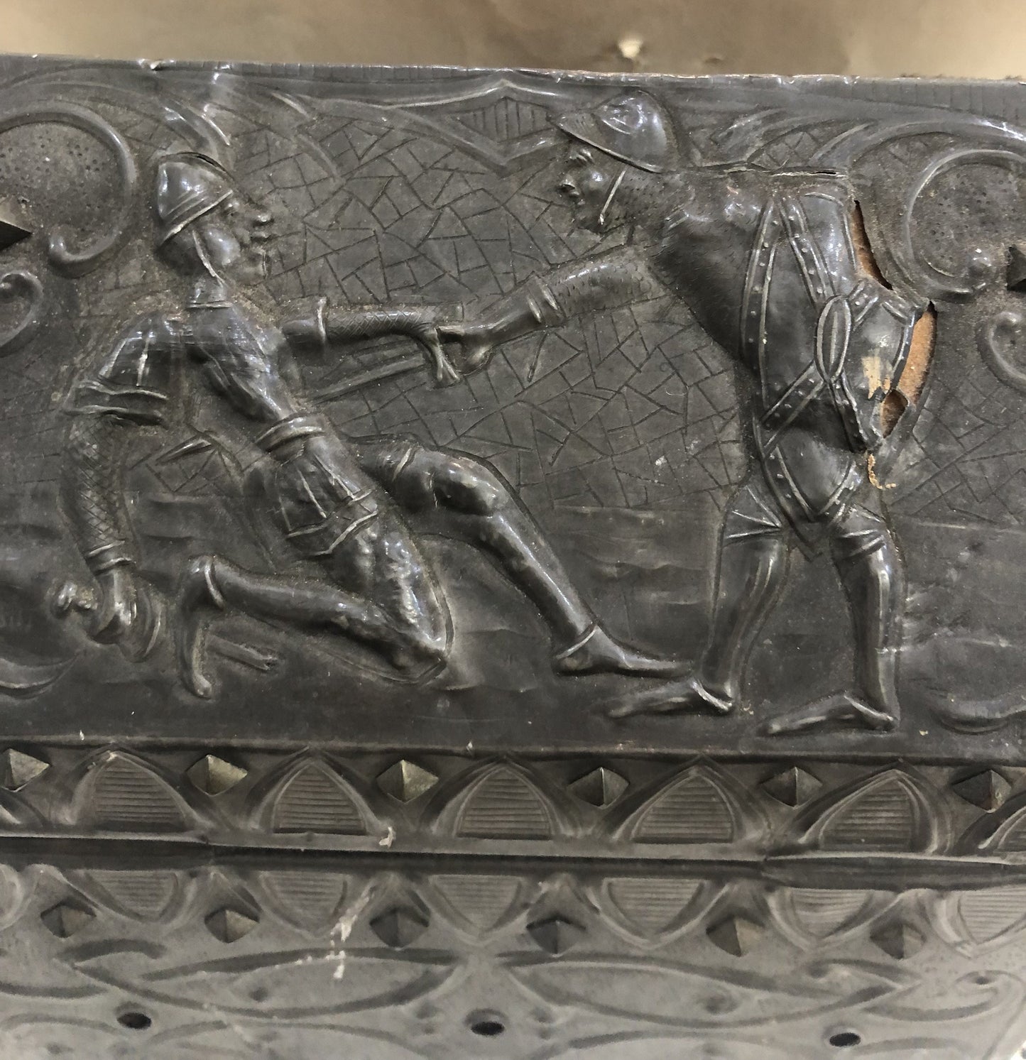 Rare Antique French Church Reliquary Box Chasse Knights c1880