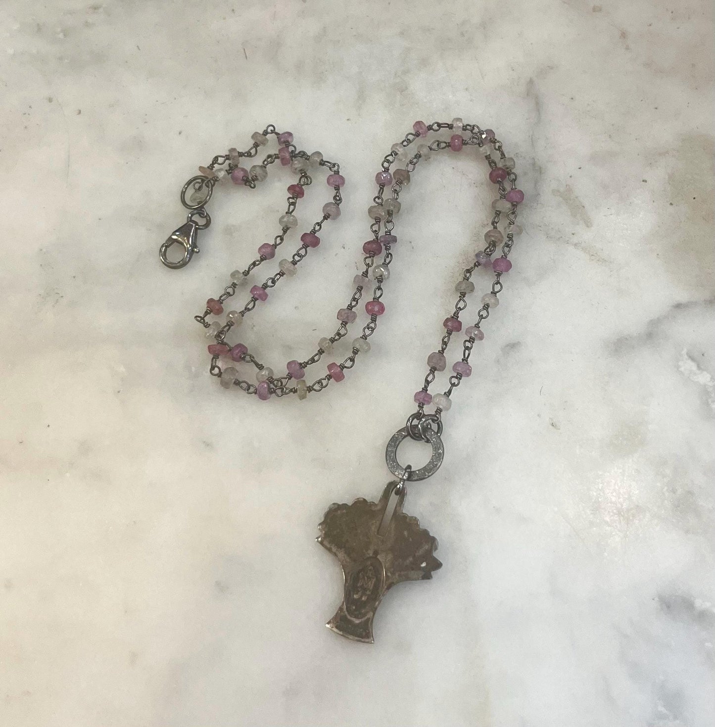 Vintage Sterling Mother Mary necklace with rubies, white sapphires and sterling silver components