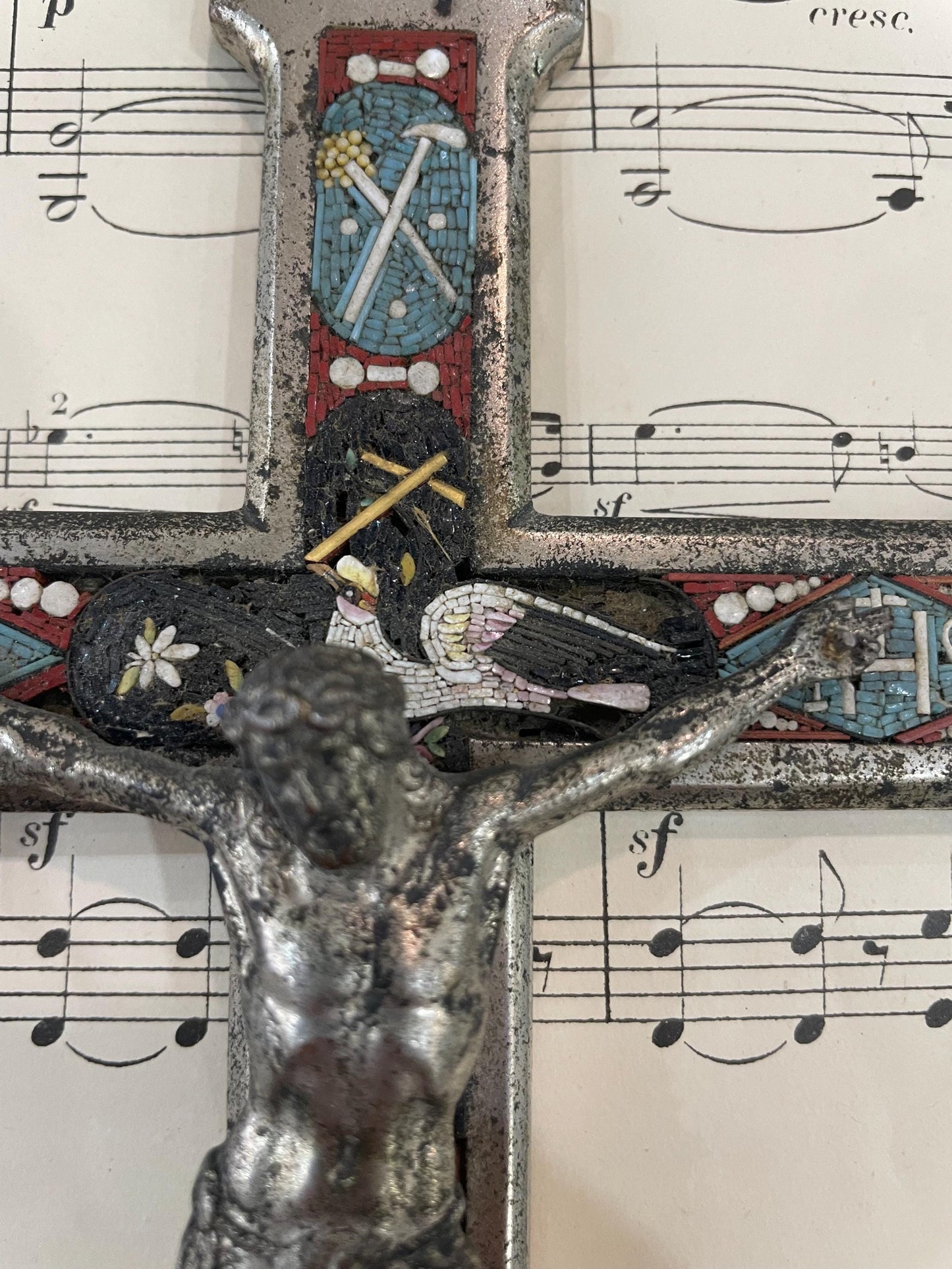 Large Antique Italian Micro Mosaic Micromosaic Cross Crucifix Bird c1900
