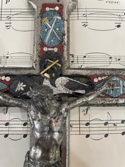 Large Antique Italian Micro Mosaic Micromosaic Cross Crucifix Bird c1900