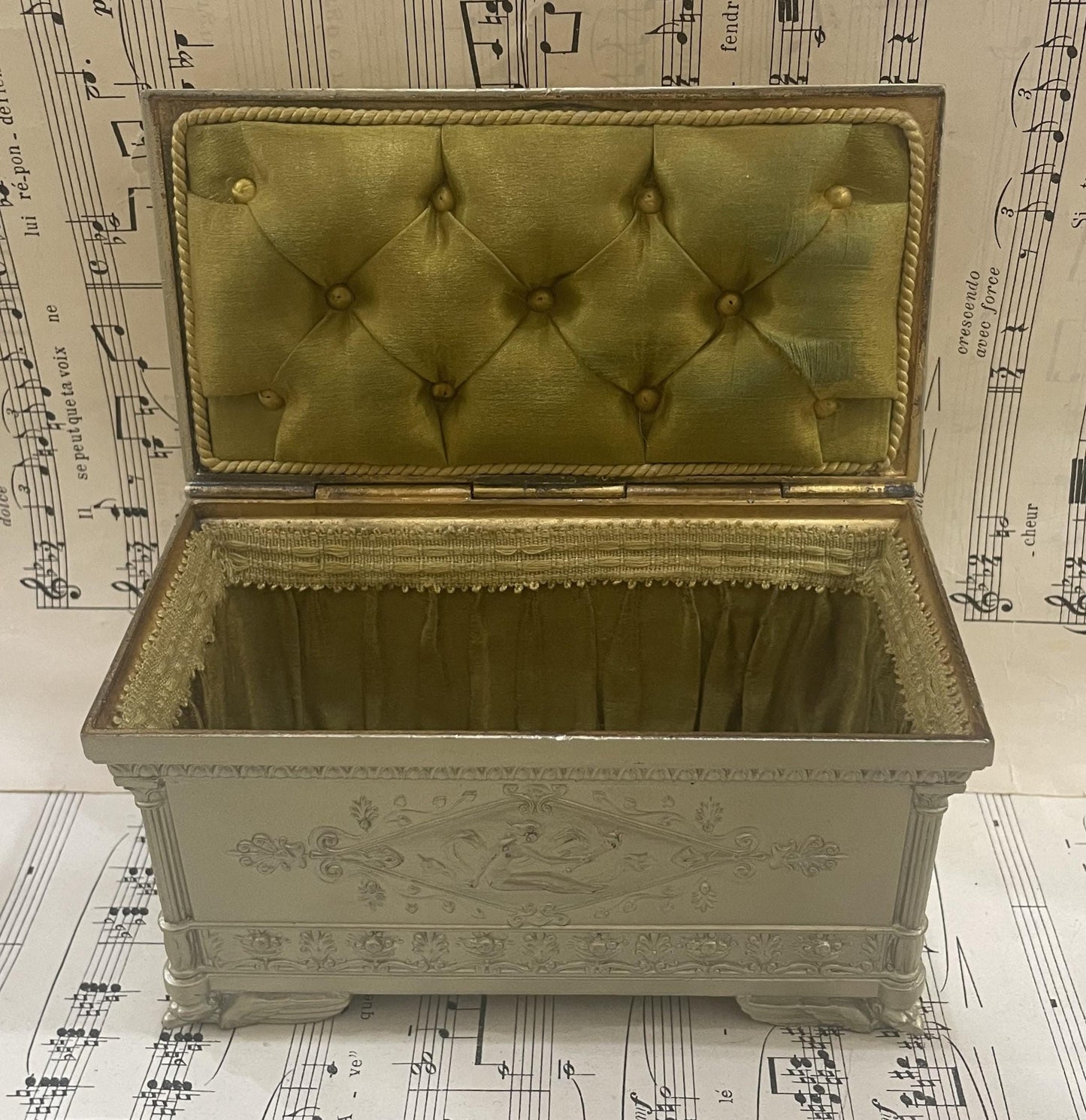 Antique French Jewelry Box with Green Cushion c1940