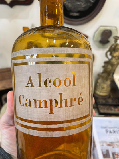 Rare Large Antique French Apothecary Bottle Amber Glass Alcool Camphre c1880