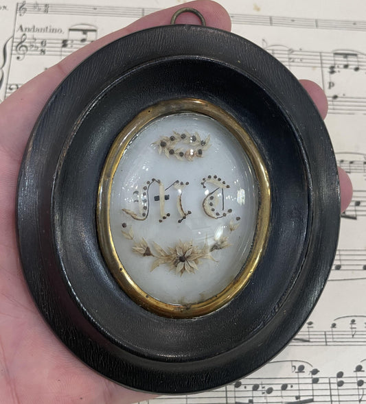 Small Antique French Mourning Hair Art Domed Glass Wooden Frame Flower Crown c1880