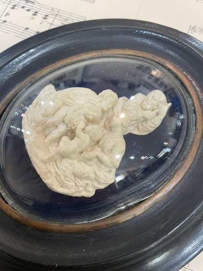 Antique French Carved Plaster Holy Family St John Baptist Domed Glass Holy Water Font c1900