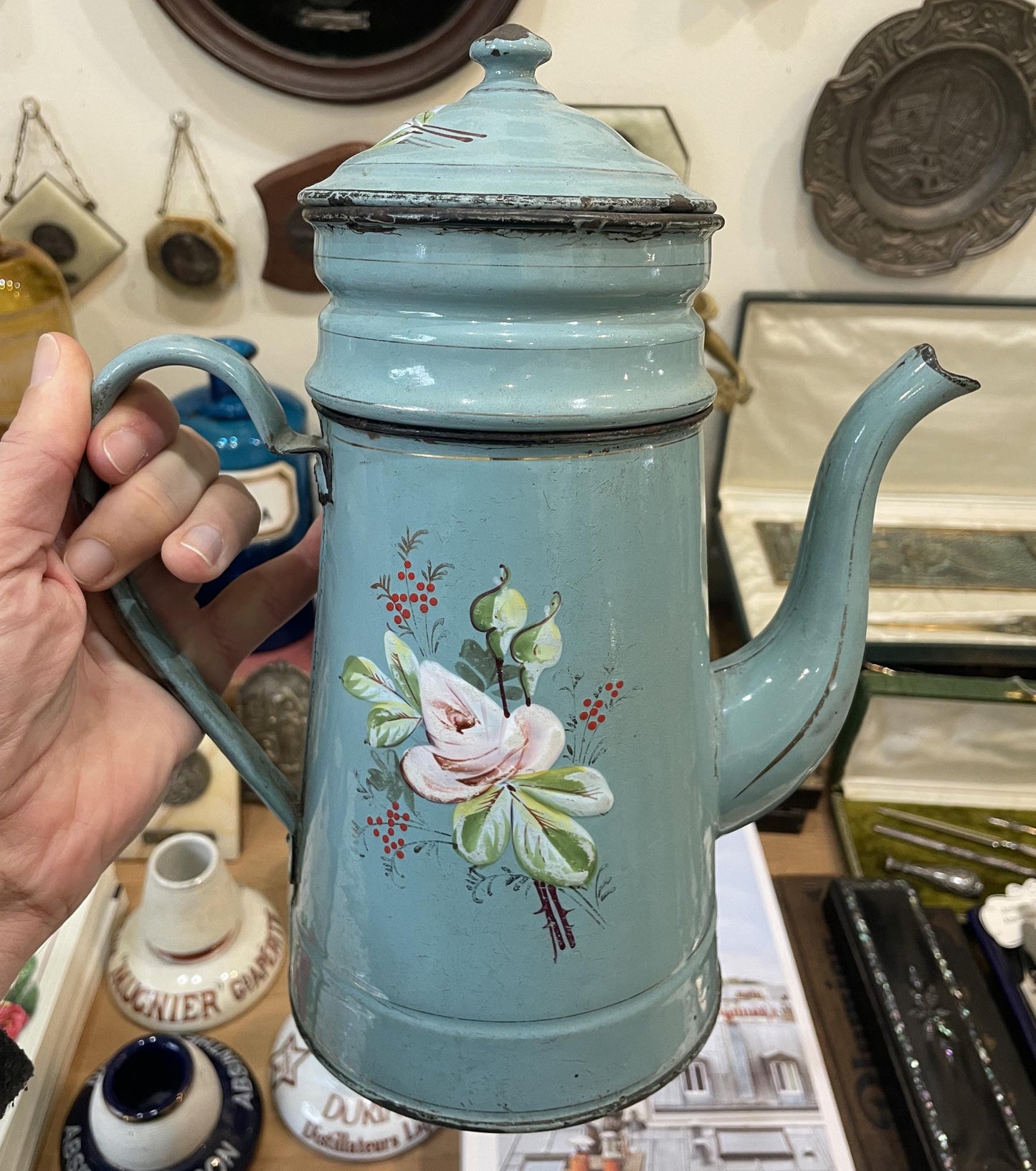 Rare Antique French Enamelware Coffee Pot Palette Flowers c1920