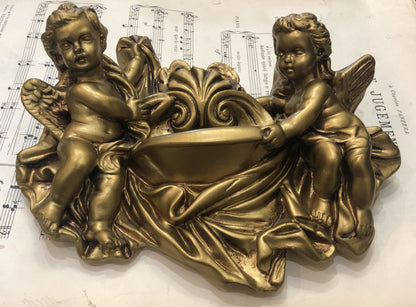 Rare Antique Italian Carved Plaster Gold Paint Angel Holy Water Font c1920