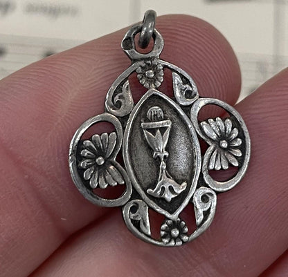 Antique French Art Nouveau Sterling Silver First Communion Medal Chalice c1900