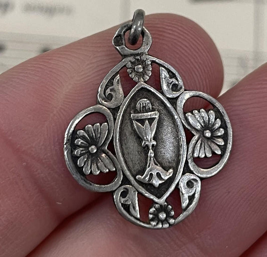 Antique French Art Nouveau Sterling Silver First Communion Medal Chalice c1900