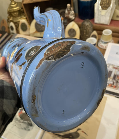 Rare Antique French Enamelware Coffee Pot Butterfly Flowers c1920