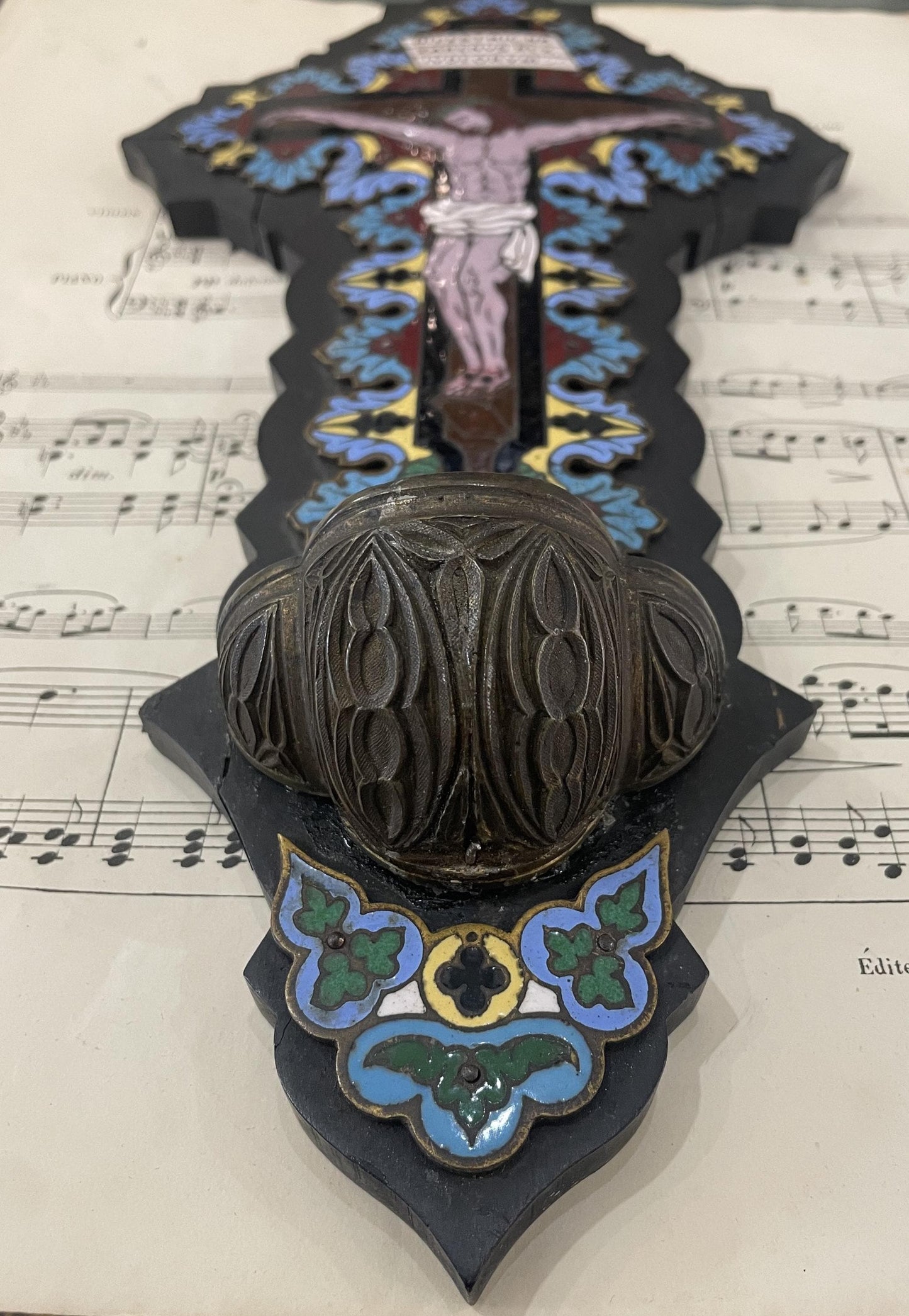 Rare Large Antique French Champleve Enamel Wood Holy Water Font Jesus c1880